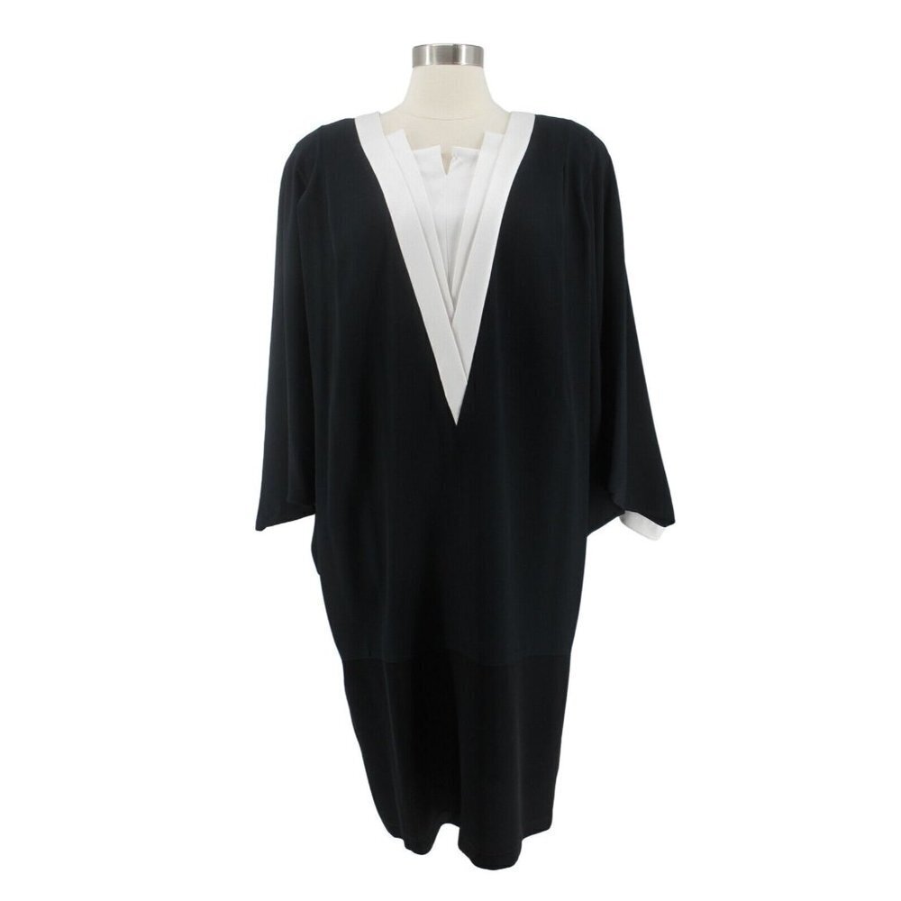Vintage 80s Daymor Couture Black White Crepe Batwing Dress Size M Hong Kong
